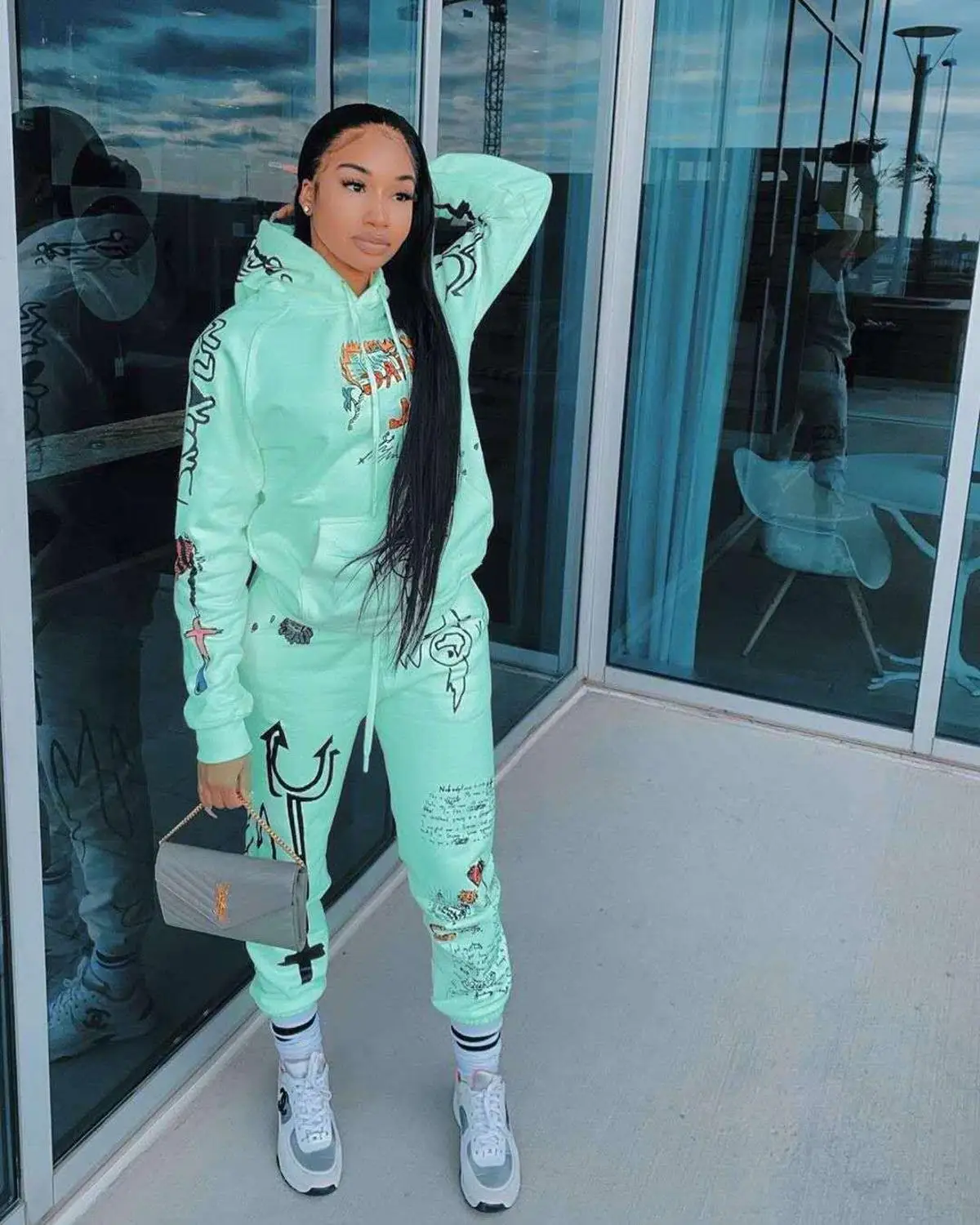 

Hip Hop Casual Two Pieces Set Letter Print Hoodie Sweatshirt and Sweatpants Sportsuit Women Streetwear Activewear Matching Set
