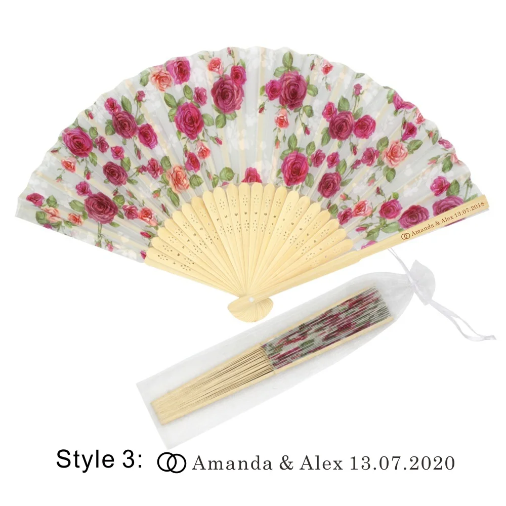 Style3 With Bag 12/15/40Pcs Personalized Engraved Bamboo& Silk Ladies Fan Rose Flower Hand Folding Fans Outdoor Dancing Wedding Party Favor - Цвет: Style3 With Bag