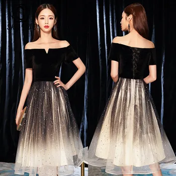 

Skyyue Elegant Prom Dresses Boat Neck Sequined Dresses Woman Party Night Off The Shoulder Plus Size Prom Dresses 2020 K345