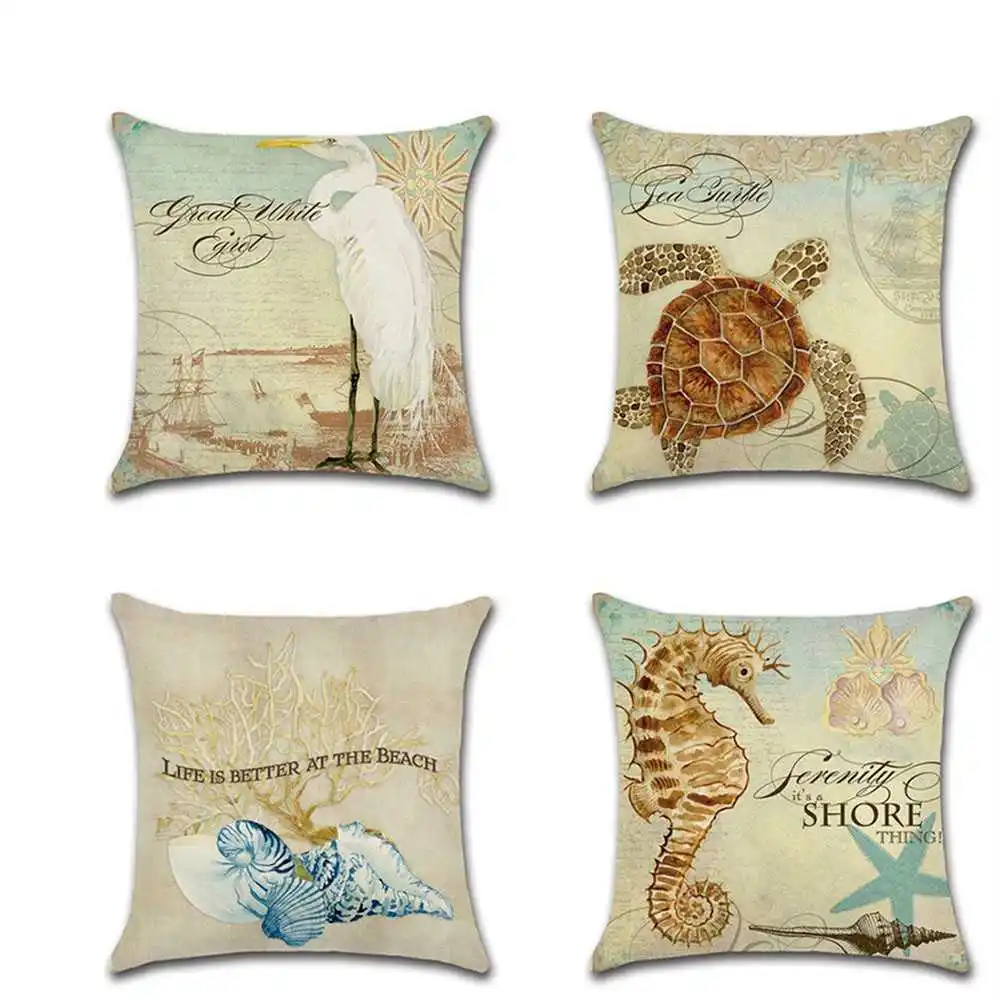 

Linen Sea Turtle Sofa Decorative Hippocampus Conch Pillow Pillowcase 45*45cm Pillow Home Decor