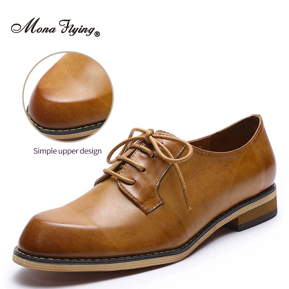 Mona Flying Women Genuine Leather Solid Oxfords Saddle Derby Handmade Comfort Flats Lace up Shoes for Work Office Ladies FLX20-1