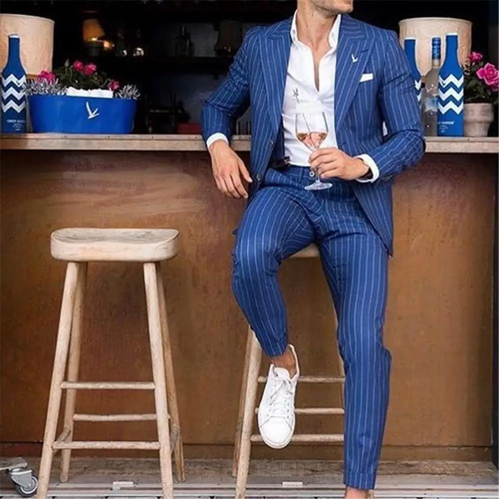 

Latest Coat Pant Designs Blue Striped Men Suits Classic Smart Casual Business Formal Party Prom Blazer Wedding Groom Tuxedos