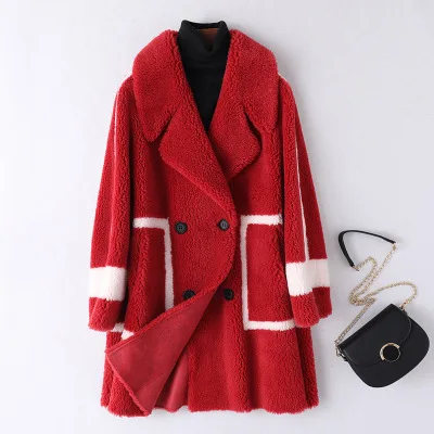 Зимнее женское пальто высокого качества из овечьей шерсти модное двубортное толстое теплое меховое пальто кашемировое пальто для женщин - Цвет: Red