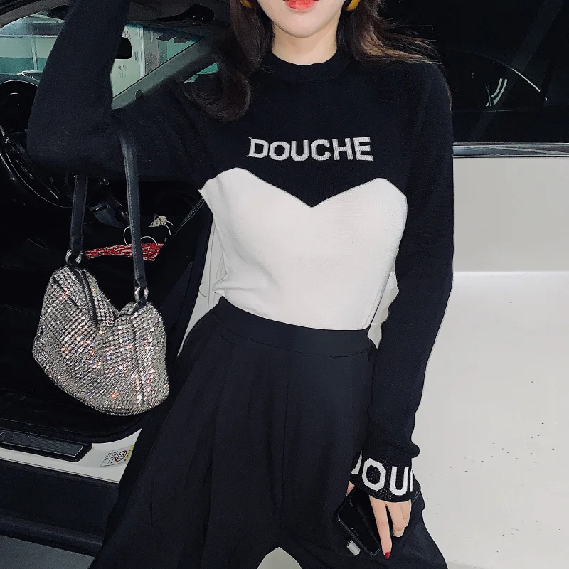 Women sweater Splice Black New Spring Autumn Long Sleeve Semi-high Collar Femininas Pullover Letter Knitted Sweater Tops A6J | Женская