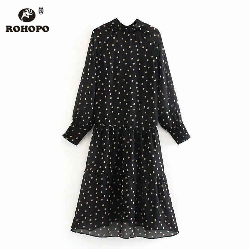 ROHOPO Round Collar Long Sleeve Polk Dot Printed Black Midi Chiffon Blouse Dress Cascading Ruffles Seashell Waist Vestido #9518 | Женская