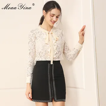 

MoaaYina Fashion Designer Set Spring Summer Women Long sleeve Lace Ruffles Tops+Rivet Skirt Elegant Two-piece set