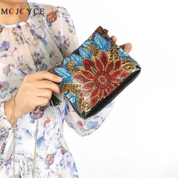 

New Fashion DIY Flower Special Shape Diamond Painting Leather Chain Shoulder Bag Clutch sac a main femme de marque luxe cuir