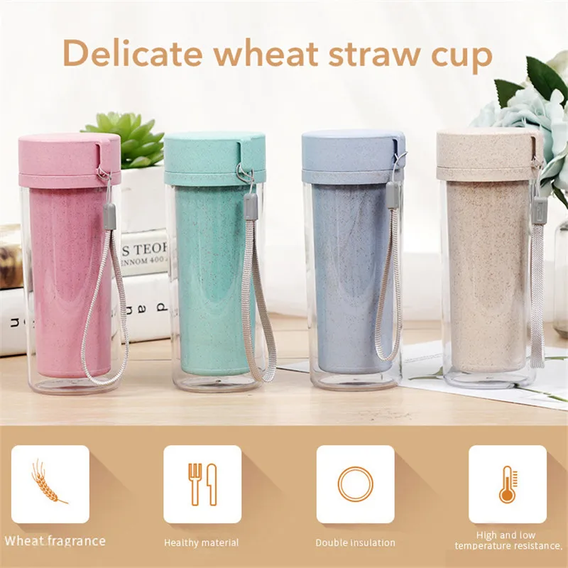 

350ML Water Bottle Double Walled Insulated Water Sports Bottle Portable Drinking Cup Straw Wheat Travel Outdoor Cups