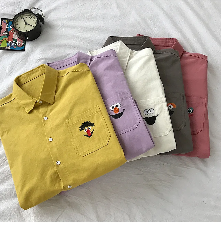 Neploe рубашка с длинным рукавом для мужчин женщин Blusa свободная Осенняя Новая блузка унисекс Улица Сезам Пара рубашка Повседневная мультяшная Вышивка Топ