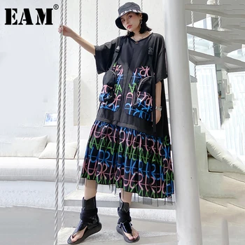 

[EAM] Women Pattern Printed Buckle Big Size Dress New Round Neck Half Sleeve Loose Fit Fashion Tide Spring Summer 2020 1S042