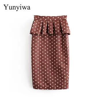 

2020 Women Fashion Polka Dots Print Pleat Ruffles Midi Skirt Faldas Mujer Sexy Back Zipper Split Casual Straight Skirts