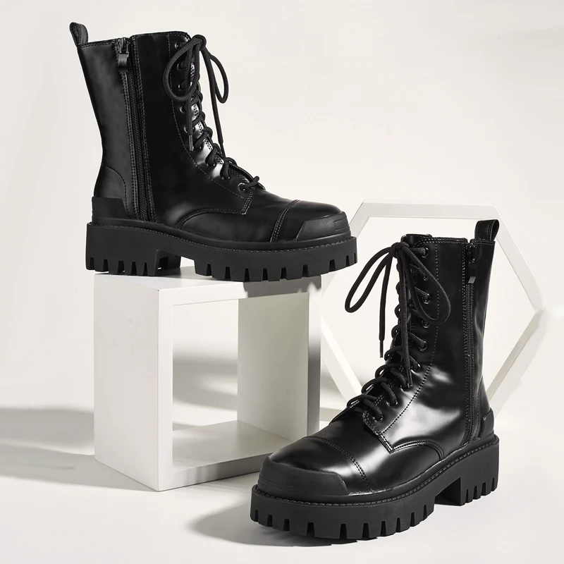 Womens Korte Laarzen Punk Platform Zwarte Laarzen Fall Lace Up Motorlaarzen  Vrouwen Enkellaarsjes Platform Hak Femmes Bottines|Ankle Boots| - AliExpress