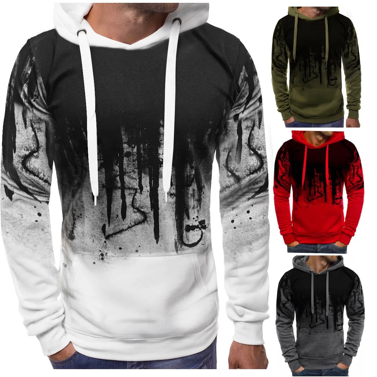 

2020 Autumn and Winter New Men's Printed Casual Sweater Long-sleeved Hooded Printing Splash Ink Fitness Running Training Jacket