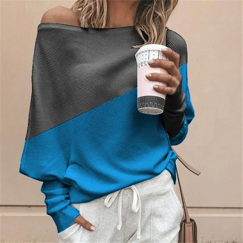 

ETOSELL Women Autumn T-Shirt One Side Shoulder Off Tee Shirt Long Sleeve Casual Pullover Tops Loose Color Blocks Fashion Tops