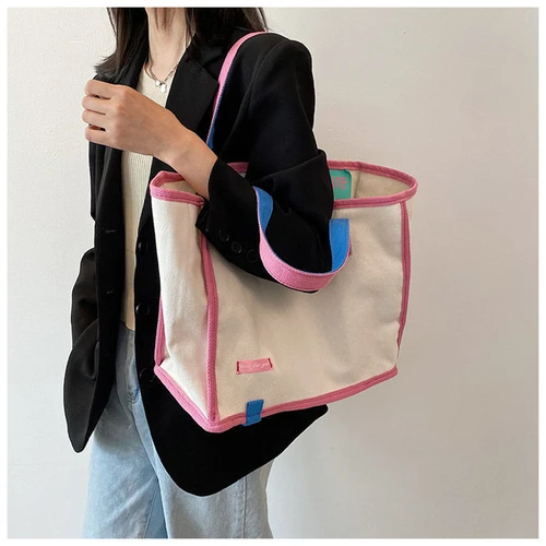 여성용 캔버스 토트백, 패치워크, 대용량 쇼핑, 여행 패션, 인스타그램, 매치하기 쉬운 2021, 베이지, 형광 옐로우 5