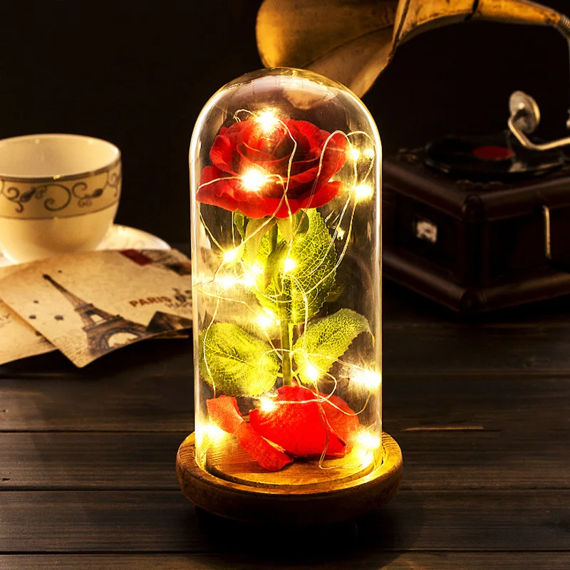 

Artificial Rose Night Light Christmas Valentine's Gift Romantic Eternal Rose Flower Light Led Glass Cover Wooden Base Home Decor