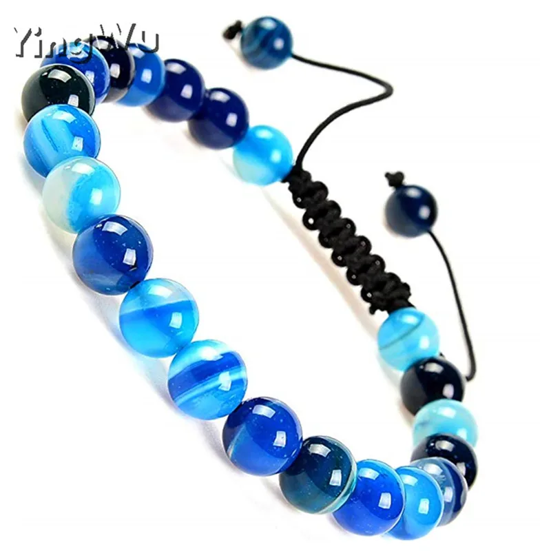 blue strip Yingwu, модный браслет с натуральным целебным камнем, винтажные круглые бусины, браслеты макраме, ювелирные изделия для женщин, подарок - Окраска металла: blue strip