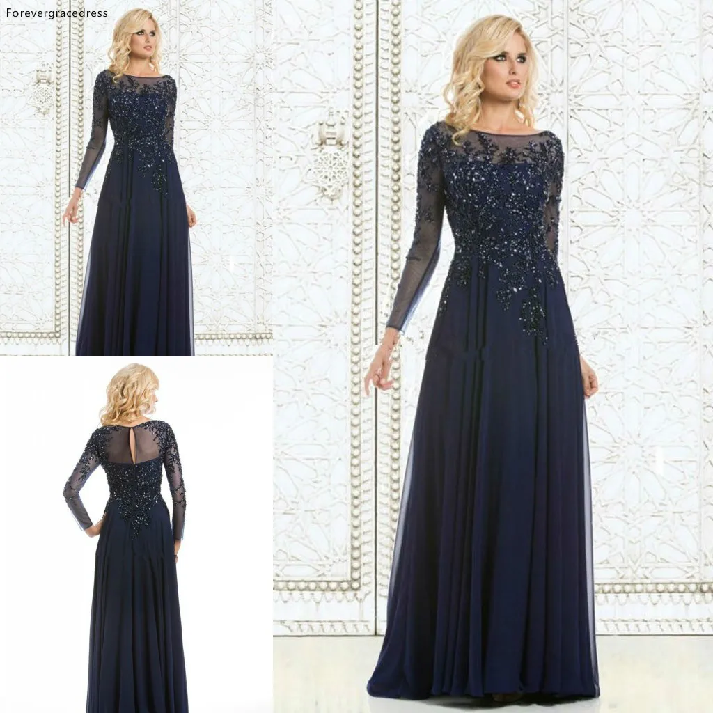 Long Sleeves Evening Dress High Quality Navy Blue Applique Chiffon Prom Party Formal Event Gown Mother Of The Bride | Свадьбы и