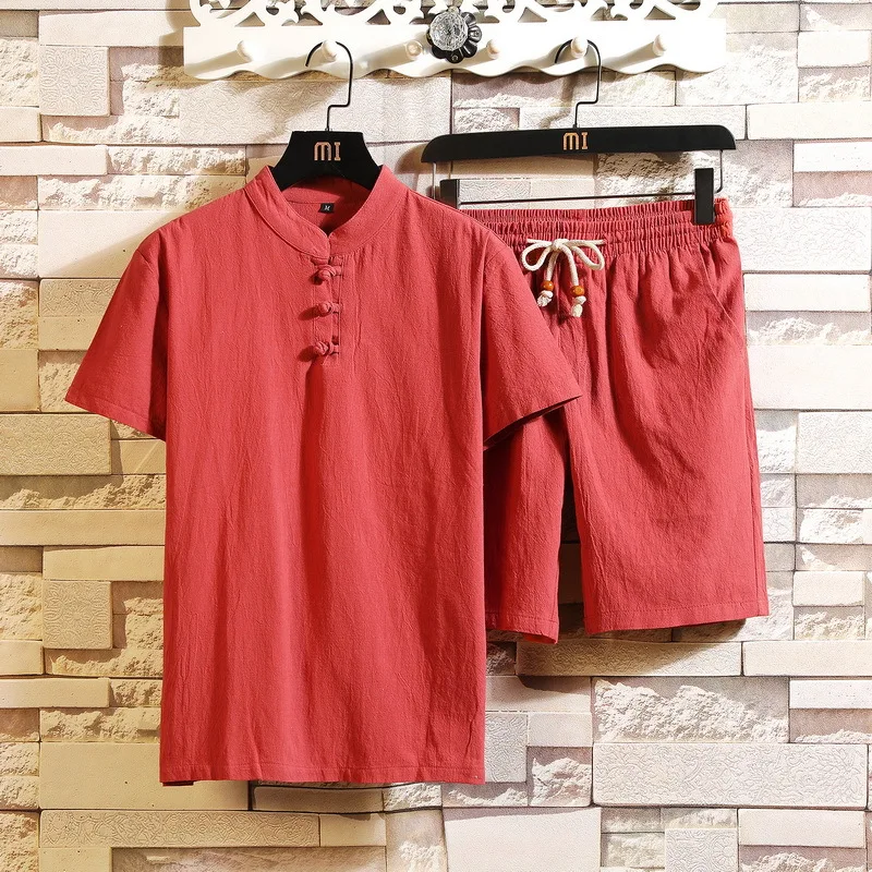 

Men's Tracksuits 2022 Summer Male Cotton and Linen Short-sleeved T-shirt Suit Men's Loose Retro T-shirt Cool Linen 2 Pieces Set