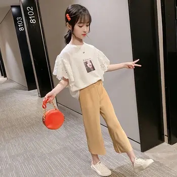 

New 2020 Summer Girls Casual Clothing Sets Children Short Sleeve Tops+High Waist Wide-leg Pants Outfits 2Pcs Kids Outfits W223