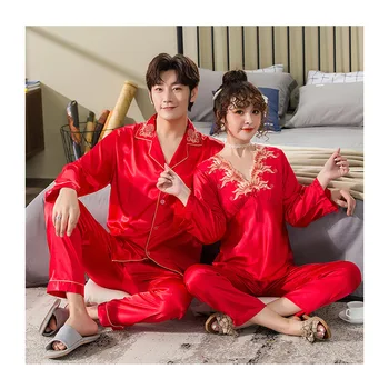 

Red Silk Sleepwear Women Sexy Couple Pajamas Spring And Summer Silk Men Pijamas Set Lace Pyjamas