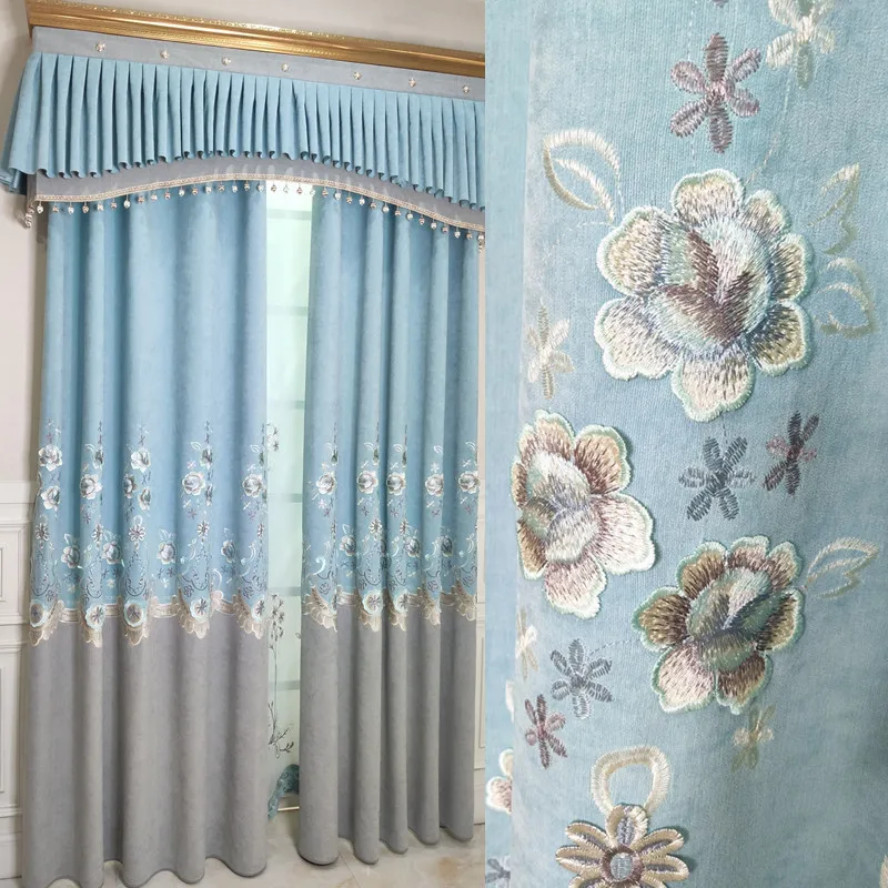

Thick European Countryside Living Room Chenille Relief Embroidery Curtain Blue Bedroom Library Window Screen Finished Product Cu