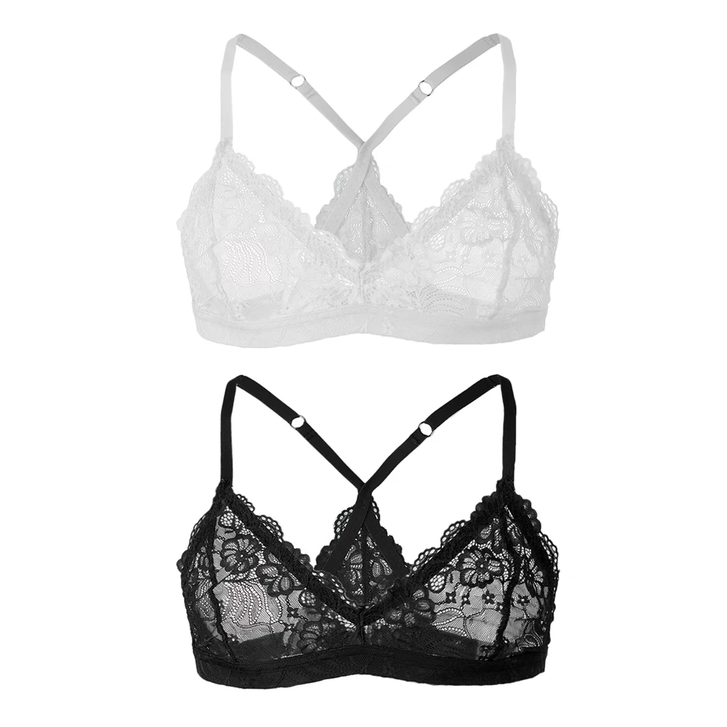 2Pcs Mens Sissy Lingerie Bralette Adjustable Shoulder Strap Lace Bra White+Black