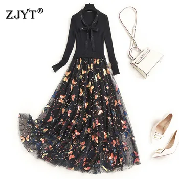 

Womens Clothing 2020 New Elegant Bow Collar Butterfly Sequined Mesh Patchwork Knitted Dresses Autumn Fashion Long Sleeve Vestido