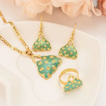 

Noble Blium bag Pendant Figaro Chain Necklaces Earrings ring 18 K G/F Fine Gold green PNG Set Papua New Guinea party gifts