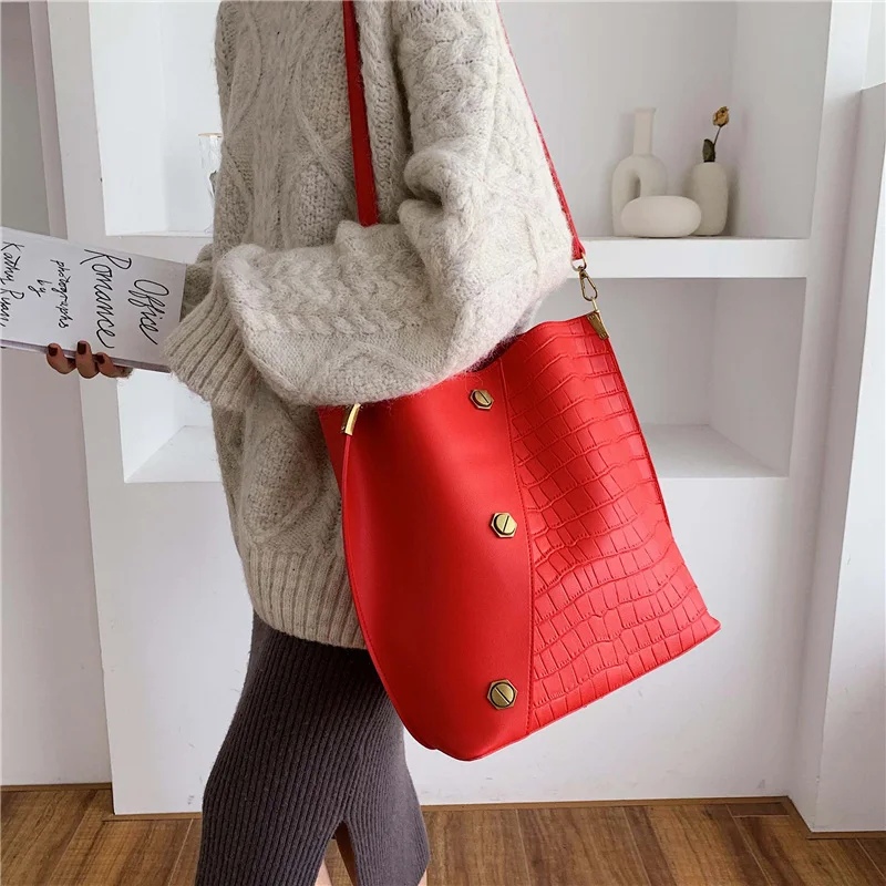 Сумка-мешок с крокодиловым узором новая женская сумка Европейская и американская мода Большая вместительная сумка через плечо Портативная сумка