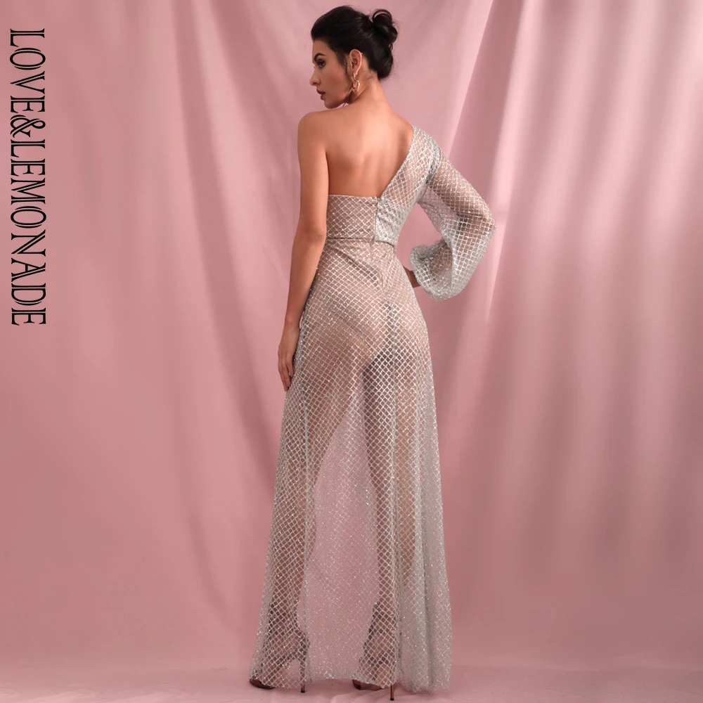 LOVE&LEMONADE, Сексуальный Топ без бретелек, серебряное клетчатое платье с наклеенными блестками, с рукавом-фонариком, длинное платье LM82176