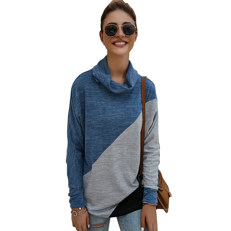 Women T-shirt Turtleneck Long Sleeve tshirt Color Block Splicing Loose Fashion Tunic Autumn T Shirts Casual Top Female