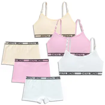 

Young Girls Cotton Underwear Set Letters Spaghetti Strap Training Bra Boyshort