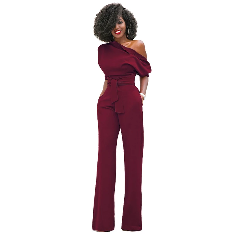 

Duzeala 2019 High Quality Autumn Casual Jumpsuit One Shoulder Slash Neck Button Romper Full Length Jumpsuit Wide Legs Jumpsuit