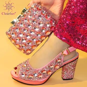 

Fashionable African Design High Heels Shoes and Bag To Match Italian Women Shoes and Bag Set Pink Color for Working