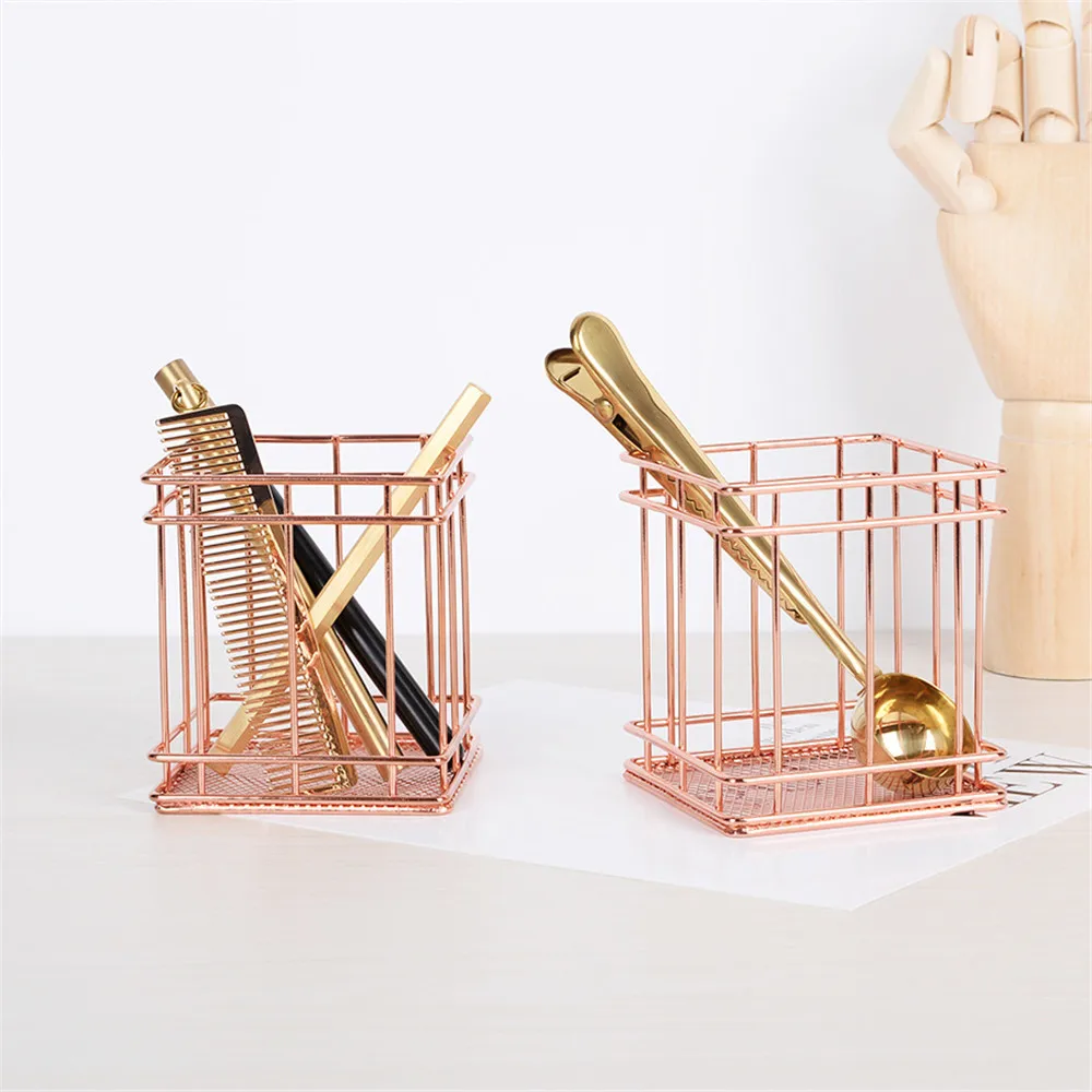 Modern Nordic Plating Metal Table Storage Basket Chic Rose Gold Cosmetic Stationary Pen Home Office Organizer Baskets |