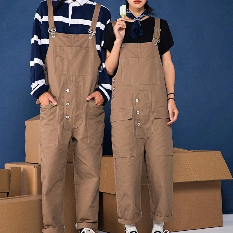 

Harajuku Men Safari Style Cargo Pants Unisex Pockets Loose Hip Hop Suspender Overalls Streetwear Retro Cotton Straight Jumpsuits