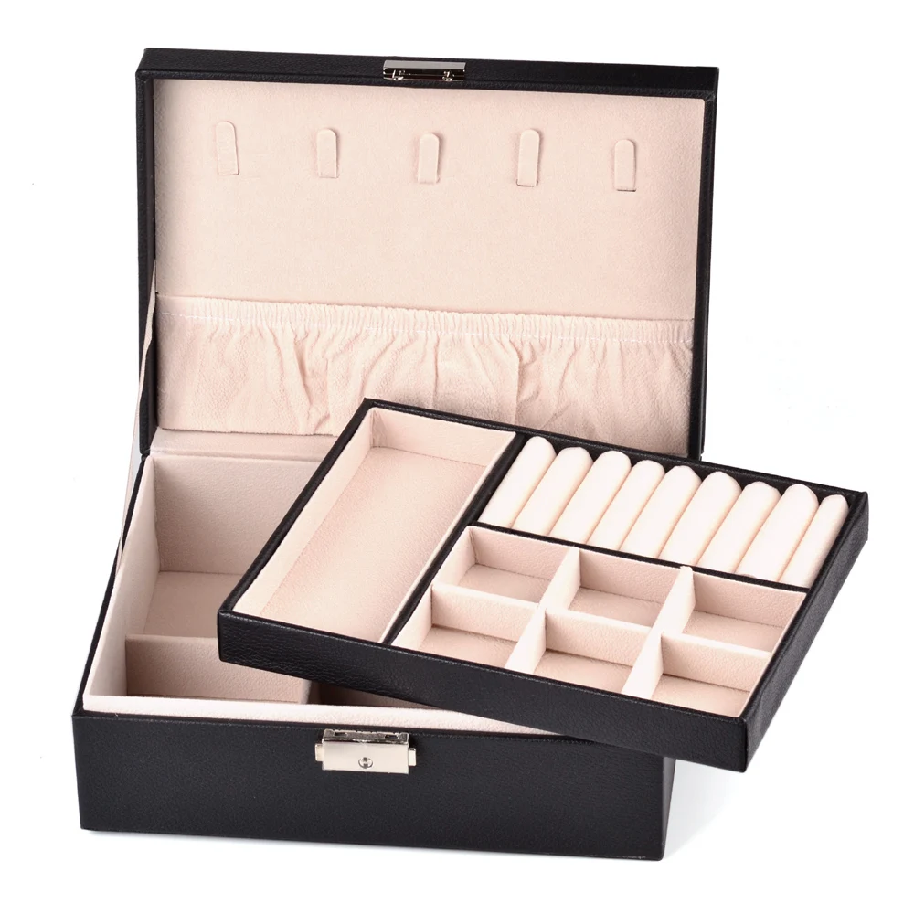 

2 Layers Multi-function Jewelry Organizer PU Leather Jewelry Display Box with Lock Earrings Bracelet Necklaces Rings Storage Box