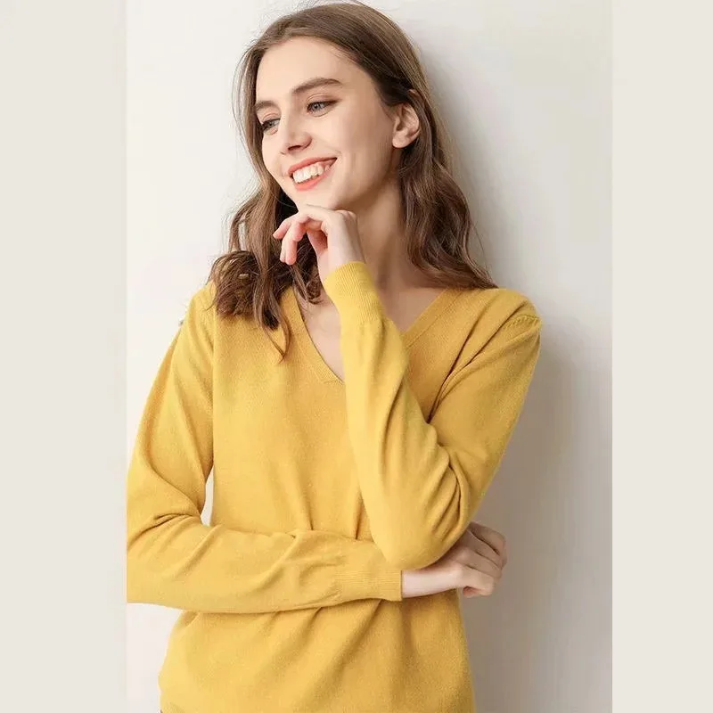 

Loose Fit Thin Knitted Sweater Women's Autumn Winter V-neck Cute Tops Fashion Long Sleeve Knit Top Casual Pullovers
