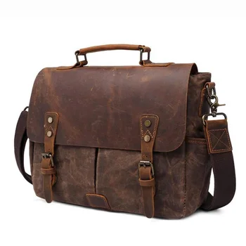 

Oil Wax Canvas Handbag Large Capacity Mens Waterproof Shoulder Bag Vintage Canvas Leather Briefcases Laptop Messenger Bags