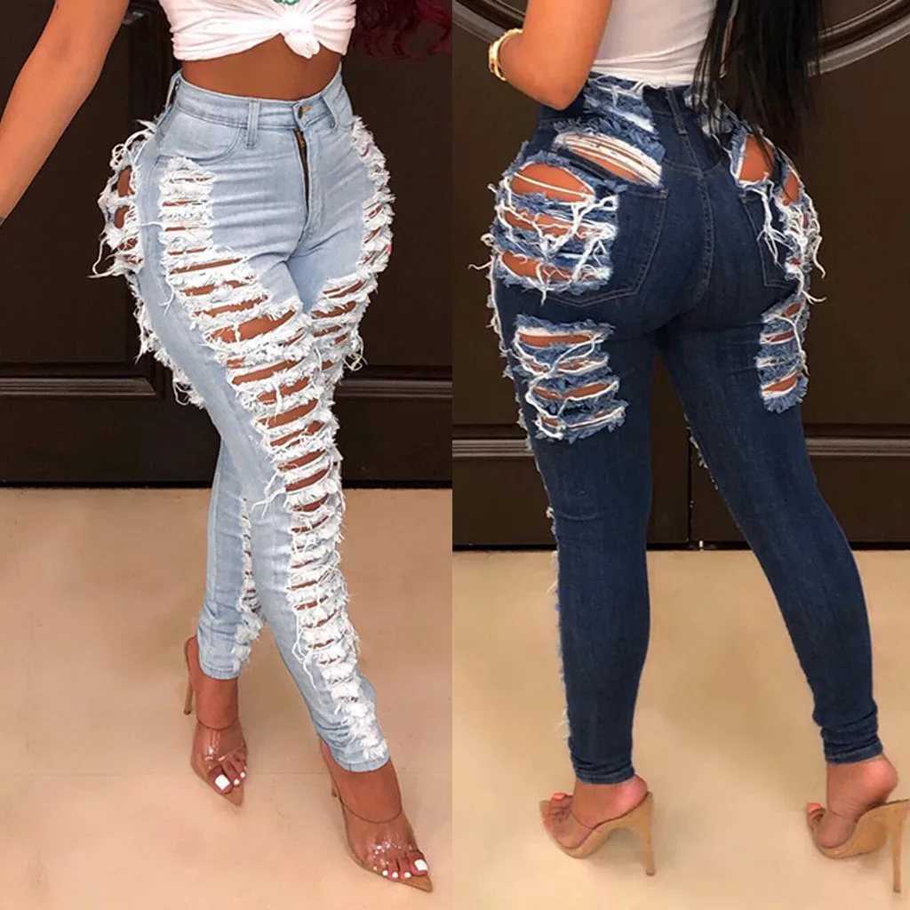 2019 Fashion Clothes Women Slim Pants Washed Ripped Hole Gradient Denim Sexy Regular Pants Plus Size S-2xl#3 _ - AliExpress Mobile