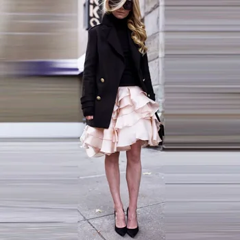 

faldas mujer moda Pale Pink Skirt Ruffled Short Prom Party Skirt Knee Length Skirts Womens