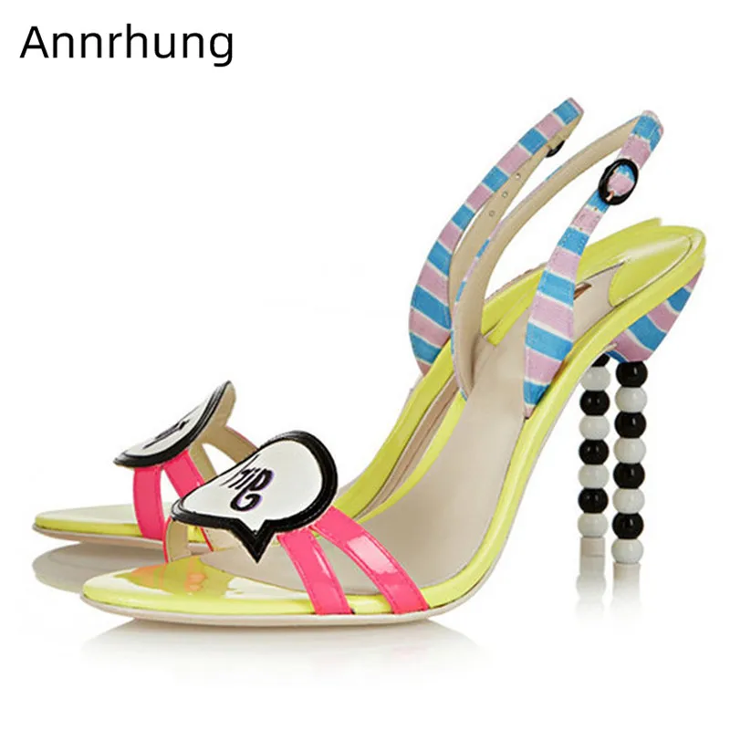 

Mixed Color Beading Heel Sandals Women Candy Color Shoes Peep Toe Strange High Heels Letter Decor Patent Leather Sandalias 2019