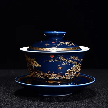 

mountain-river print porcelain tureen blue glaze ceramic gaiwan covered bowl with cup saucer lid on sales