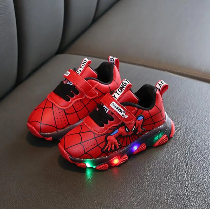 New Spring Printed Cartoon Spiderman Children Shoes With Light Kids Led Shoes Luminous Glowing Sneakers Baby Toddler Girls Shoes