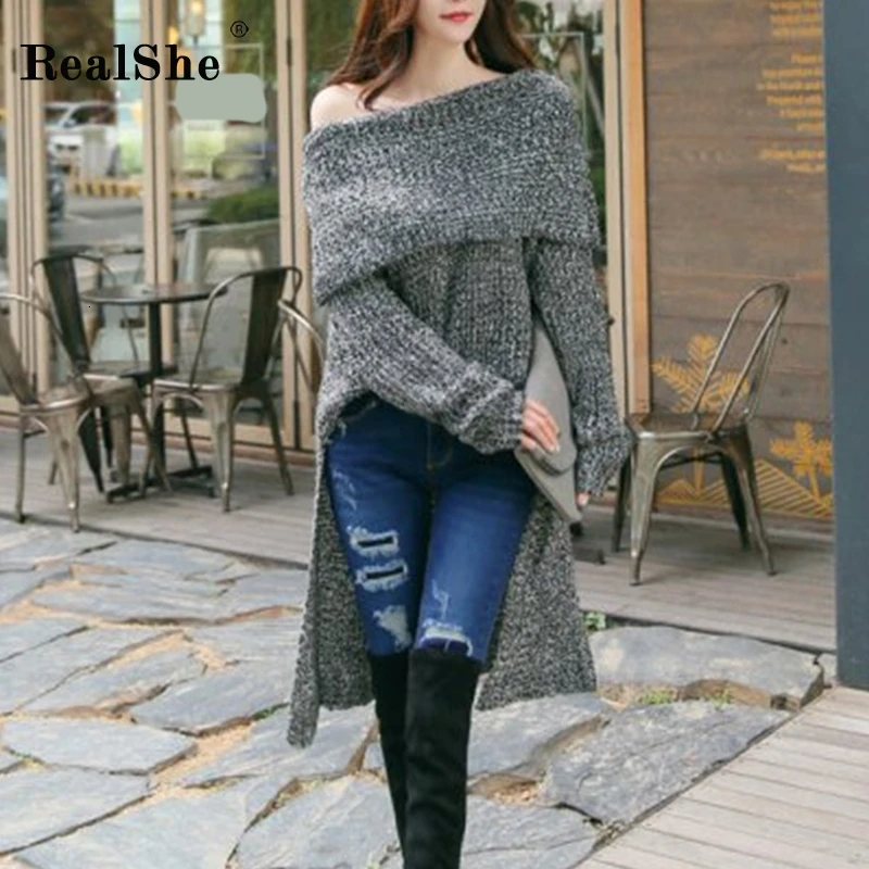 RealShe, вязаный женский свитер, длинный рукав, ассиметричный свитер, Женский пуловер, Зимние Повседневные свитера для девушек