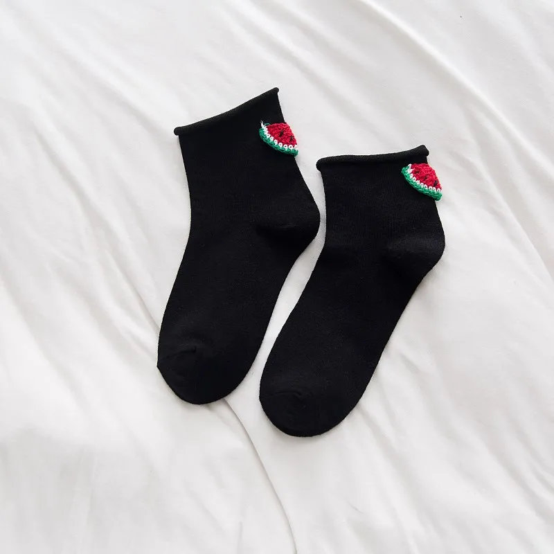 Black Watermelon Милые носки с фруктами для девочек; модные носки в японском и корейском стиле на каблуке с объемным рисунком вишни, арбуза; бархатные носки с подвеской - Цвет: Black Watermelon