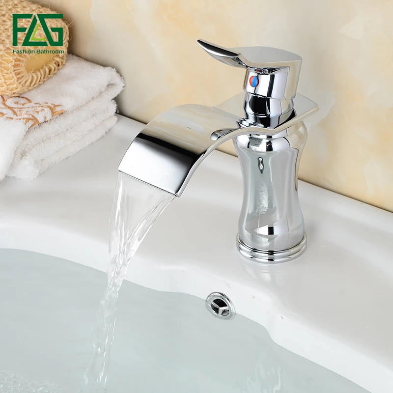 

FLG Bathroom Waterfall Faucet Brass Made Chrome Surface Bathroom Sink Faucet Deck Mounted Bathroom Sink Basin Mixer