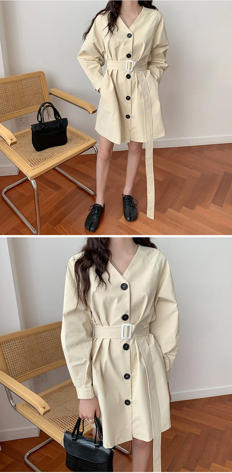 Photo Shoot South Korea Funny of GIRL'S Short-height Waist Hugging V-neck Single Breasted Trench Coat Dress