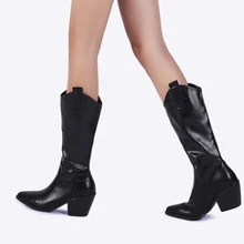 Ботинки с острым носком; женские ковбойские сапоги до колена; женские ковбойские ботинки в ковбойском стиле; женская обувь; Botas Mujer